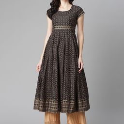Poshak Hub Women Black & Golden Ethnic Motifs Print Cotton Anarkali Kurta-37