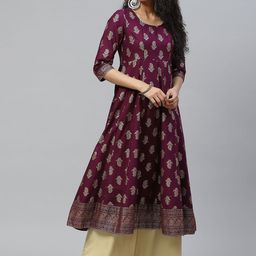 Poshak Hub Women Burgundy & Golden Paisley Printed Anarkali Panelled Kurta-picture-23