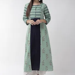 Anouk Teal Green Floral Printed Thread Work Dobby Pure Cotton A-Line Kurta-picture-52