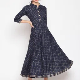 WOMENCLICK Women Blue Geometric Printed Floral Anarkali Kurta-34