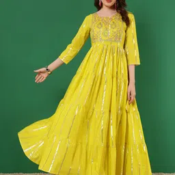 GLAM ROOTS Floral Embroidered Sequinned Tiering Cotton Anarkali Kurta-24