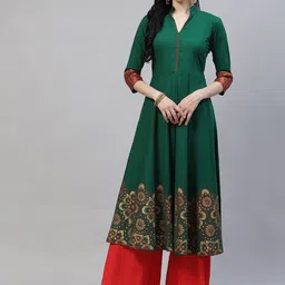 KALINI Floral Printed Mandarin Collar Block Print Cotton Anarkali Kurta-image-28