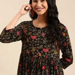 SHOWOFF Women Black Floral Printed Block Print Anarkali Kurta-image-15