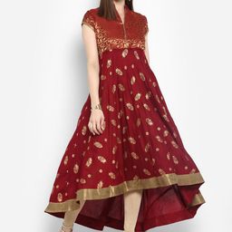 KALINI Ethnic Motifs Printed Mandarin Collar Zari Detail Anarkali Kurta-33