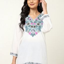 CRAFTBAZAR Floral Embroidered Notched Pure Cotton Straight Kurti-image-67