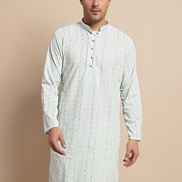 Anouk Turquoise Blue & White Ethnic Motifs Embroidered Pure Cotton Kurta-image-81