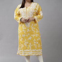 ADA Women Yellow & White Ethnic Motifs Plus Size Chikankari Kurta-image-76
