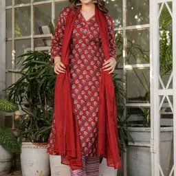 KALINI Floral Printed V-Neck Pure Cotton Kurta With Trousers & Dupatta-picture-46