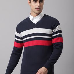 Cantabil Men Navy Blue & Red Striped Striped Pullover-picture-9