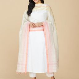 Fabindia White & Pink Woven Design Cotton Silk Dupatta-picture-38