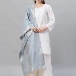 Indo Era Women Blue & Silver Woven Design Tasselled Dupatta-48