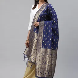 flaher Navy Blue & Golden Woven Design Banarasi Dupatta-44