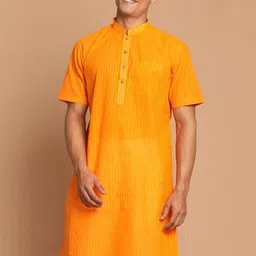 VASTRAMAY Men Orange Solid Pure Cotton Straight Kurta-image-88