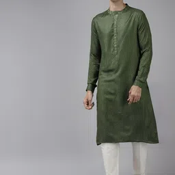 See Designs Men Green & Beige Woven Design Thread Work Kurta-picture-7