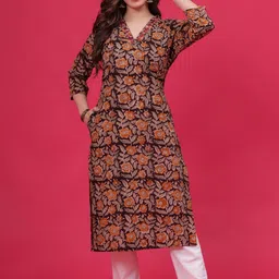 HEARTLOOM Women Floral Printed Mirror Work Block Print Handloom Kurta-3