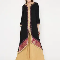 Peppertree Women Black & Maroon Ethnic Motifs Printed Handloom Kurta-picture-10