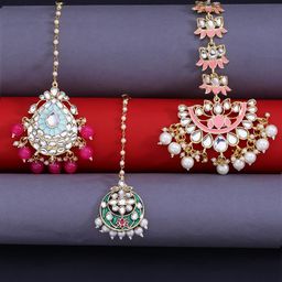 Yellow Chimes Set Of 3 Gold-Plated Kundan & Beaded Antique Meenakari Maang Tikka-picture-33