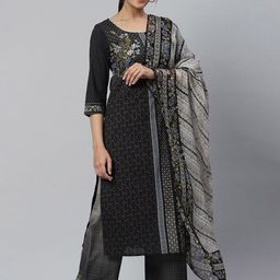 AURELIA Women Black Floral Printed Chanderi Cotton Kurti with Trousers & With Dupatta-17