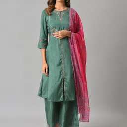 W Women Embroidered Thread Work Kurta with Palazzos & With Dupatta-26