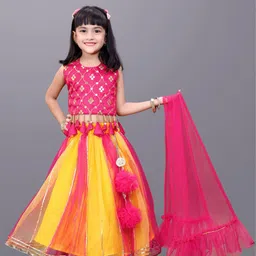 BAESD Girls Embroidered Mirror Work Detail Net Ready to Wear Lehenga & Blouse With Dupatta-14