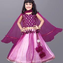 BAESD Girls Embroidered Mirror Work Detail Net Ready to Wear Lehenga & Blouse With Dupatta-picture-9