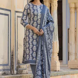Varanga Ethnic Motifs Printed Regular Thread Work Kurta with Trouser & Dupatta image 1