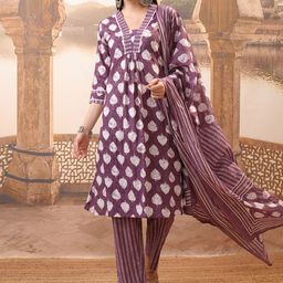 Vishudh Burgundy Floral Printed Pure Cotton A-Line Kurta With Trousers & Dupatta-23