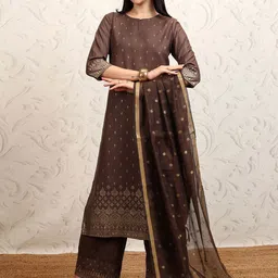Vishudh Brown Ethnic Motifs Printed Keyhole Neck Straight Kurta With Palazzos & Dupatta-picture-45