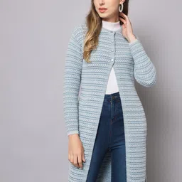 BROOWL Round Neck Striped Longline Wool Cardigan-7