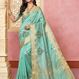 Mitera Turquoise Blue & Red Floral Embroidered Assam Silk Cotton Banarasi Saree-57