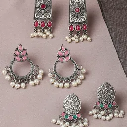 OOMPH Silver-Toned & Red Floral Set Of 3 Jhumkas Earrings-9