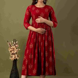 Mialo fashion Ethnic Motifs Printed Fit & Flare Maternity Midi Ethnic Dress-image-99