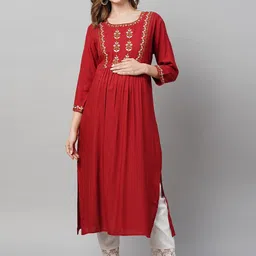 MomToBe Maroon Embroidered Thread Work Maternity Sustainable Kurta-image-82