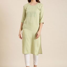 SHOWOFF Geometric Yoke Design Sequinned Cotton Straight Kurta-58