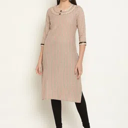 Be Indi Women Round Neck Striped Straight Side Slits Regular Kurta-image-47