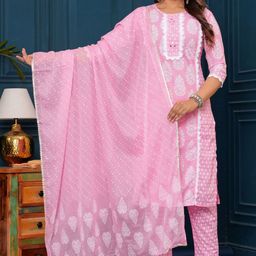 UNISETS Women Ethnic Motifs Printed Regular Mirror Work Kurta with Pyjamas & With Dupatta image 1