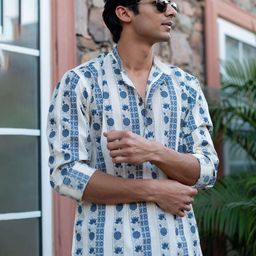 Shasak Floral Printed Mandarin Collar Roll-Up Sleeves Straight Cotton Kurta-38
