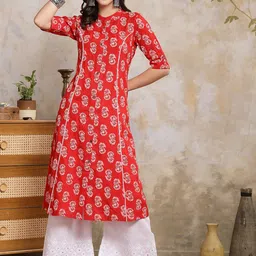 Stylum Red Paisley Printed Gotta Patti Panelled A-Line Kurta-14