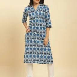 W Blue & White Geometric Printed Mandarin Collar Cotton A-Line Kurta-picture-34