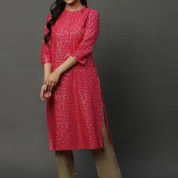 AURELIA Floral Printed Mandarin Collar Pure Cotton Straight Kurta-image-74