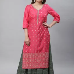 AURELIA Ethnic Motifs Printed Thread work V-Neck Straight Kurta-image-88