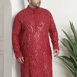SOJANYA PLUS PLus Size Ethnic Motifs Embroidered Band Collar Long Sleeves Straight Kurta-4