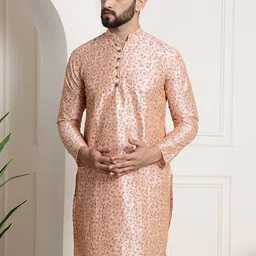 SOJANYA Men Peach-Coloured & Golden Ethnic Motifs Printed Kurta-3