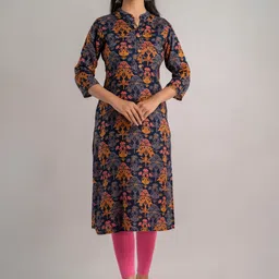 MAUKA Women Navy Blue & Orange Floral Printed Kurta-image-79