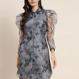 Jompers Women Grey Floral Printed Puff Sleeves Organza Kurta-55