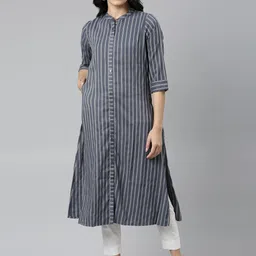 Samhitas Striped Mandarin Collar Chanderi Cotton Dobby Weave A-Line Kurta-35