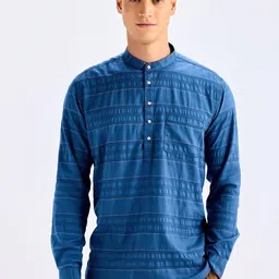 Red Flame Band Collar Long Sleeves Striped Straight Cotton Kurta-image-68