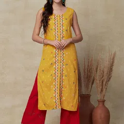 FASHOR Ethnic Motifs Embroidered Sleeveless Dobby Pure Cotton Kurta-13