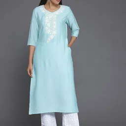 Libas Round Neck Floral Yoke Design Straight Kurta with Pocket-image-4