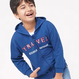 Ed-a-Mamma Kids Boys Blue Full Sleeves Hooded Open Front Typography Patchwork Jacket-image-28